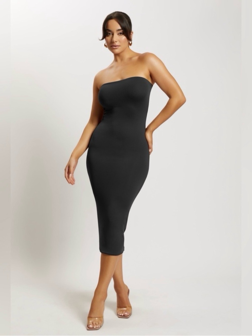 Meshki Strapless Midi Bodycon Dress in Black